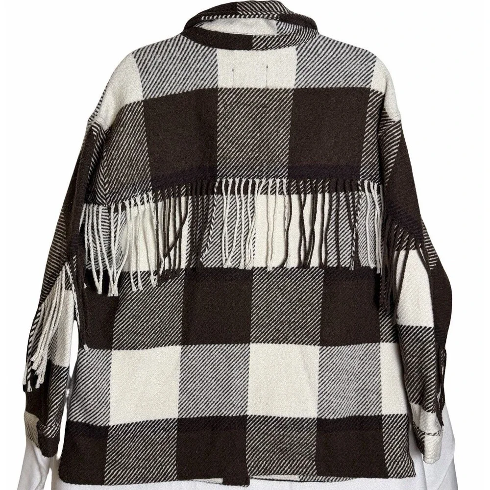 Stoosh Plaid Fringe Shacket Jacket Women's XL Brown Cream Button Front Buffalo